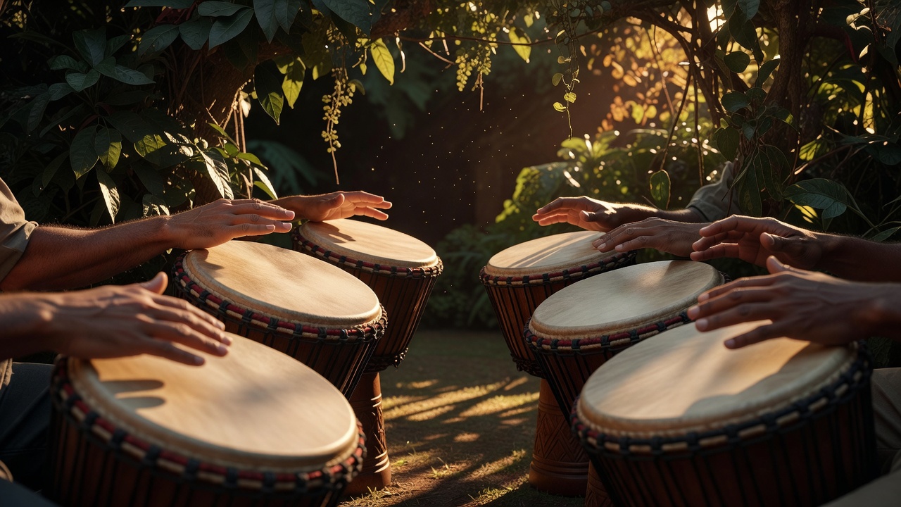 Close-up of several hands playing synthetic-headed djembes in warm evening light under garden foliage