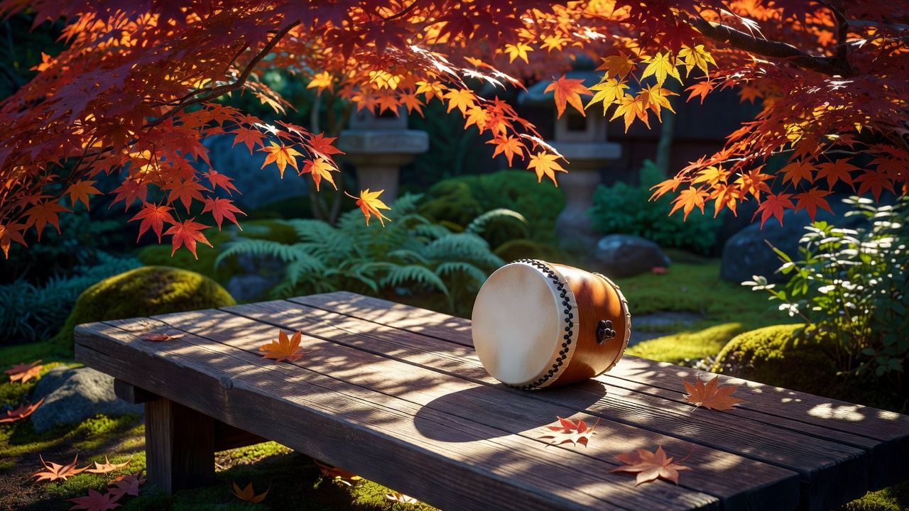 Dappled sunlight through Japanese maple leaves falling on a timber seat and a resting hand drum