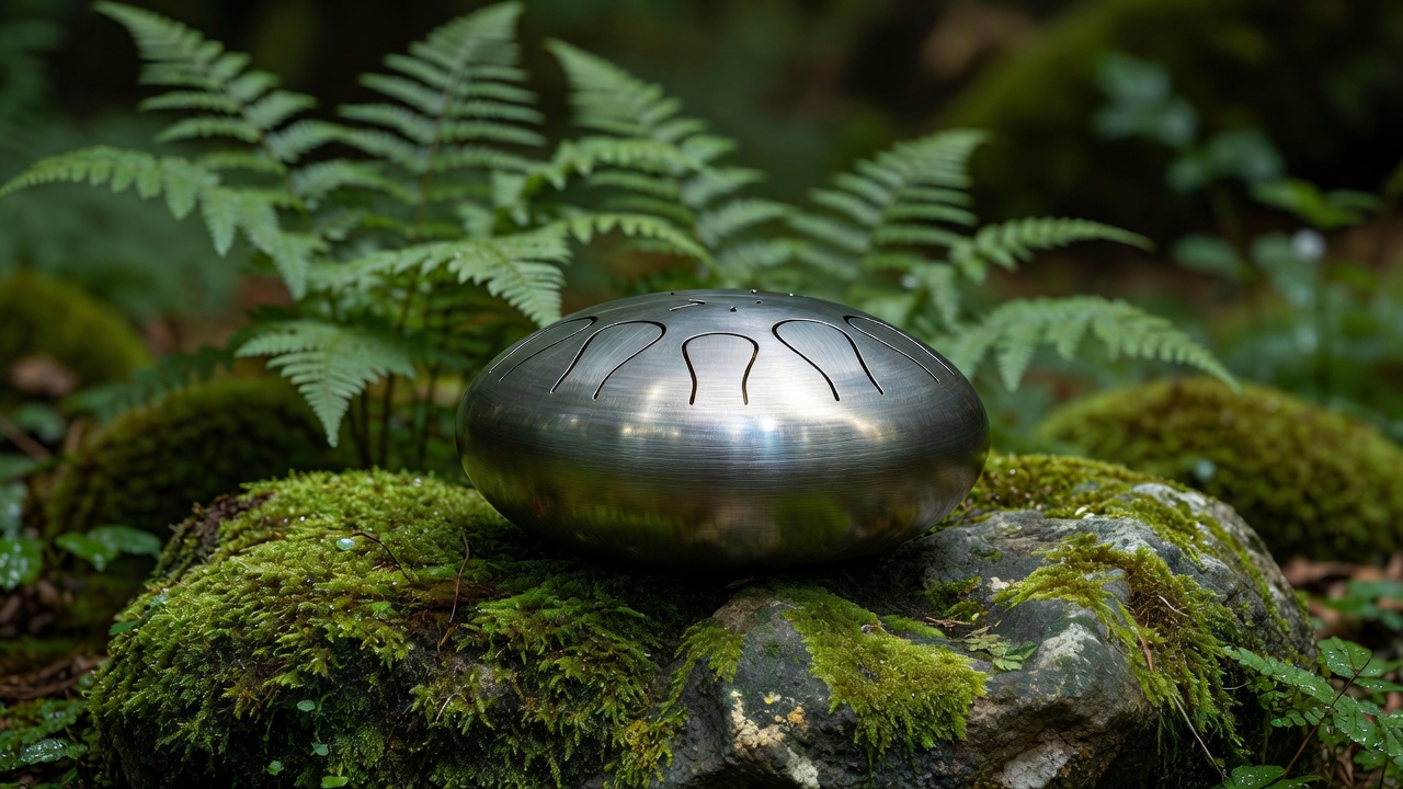 Close-up of a brushed steel tongue drum resting on a moss-covered stone with ferns softly blurred behind