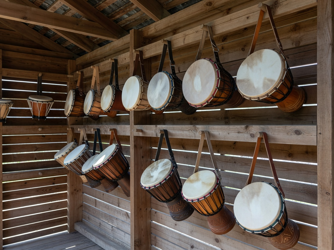 Hand drums hung by their rims inside a ventilated timber garden store with slatted shelves