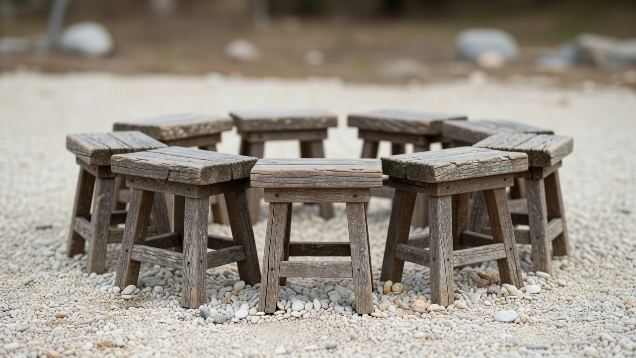 Ring of weathered wooden stools set on pale gravel, photographed close with shallow depth of field